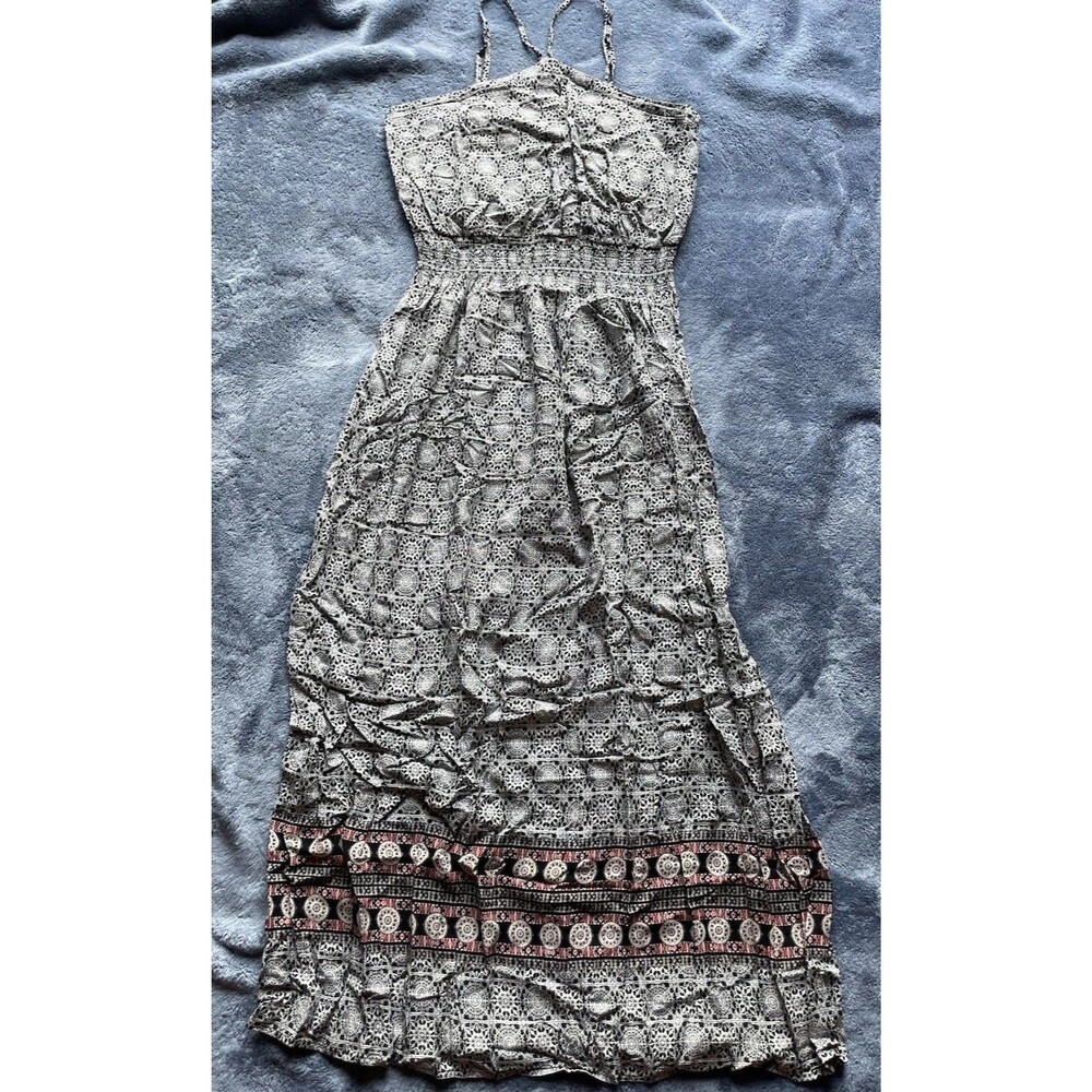 Buttons Black White Printed Embroidered Sleeveless Maxi Dress Size L